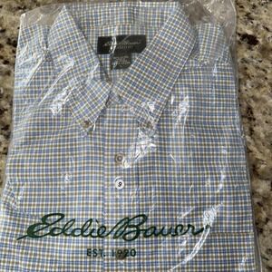 EDDIE BAUER SHIRT Mens L Blue Plaid Relaxed Fit Button Up Shirt Long Sleeve 4394